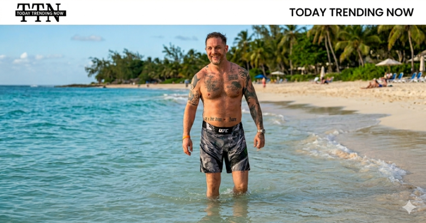 Tom Hardy, star of “Peaky Blinders,” was seen having fun on a beach in Barbados with his wife while on a family holiday.